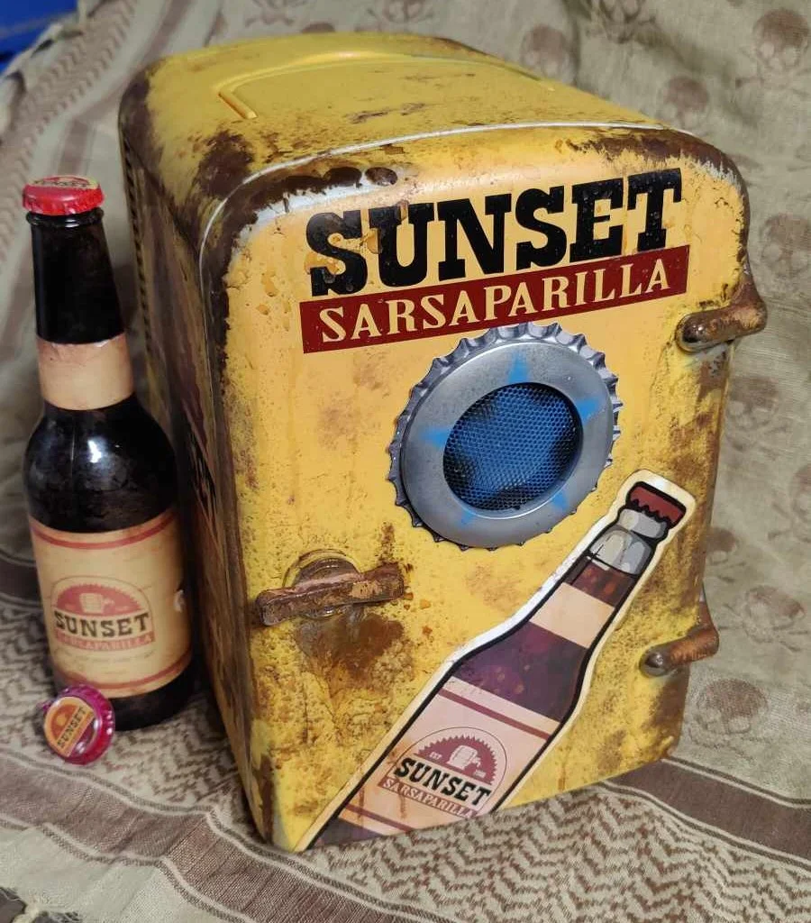 Sunset Sarsaparilla mini fridge front view.