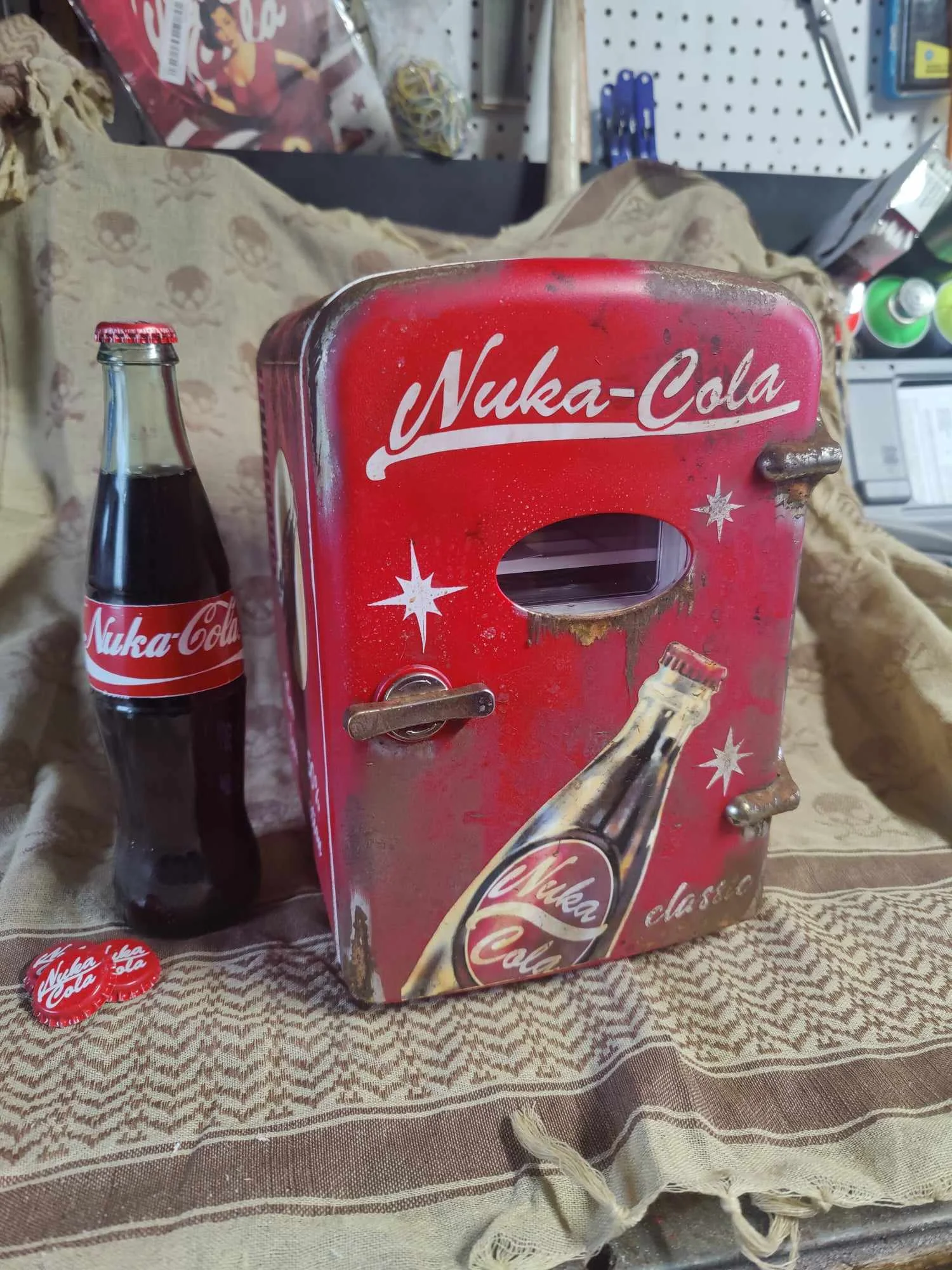 Nuka cola themed fridge, front view.